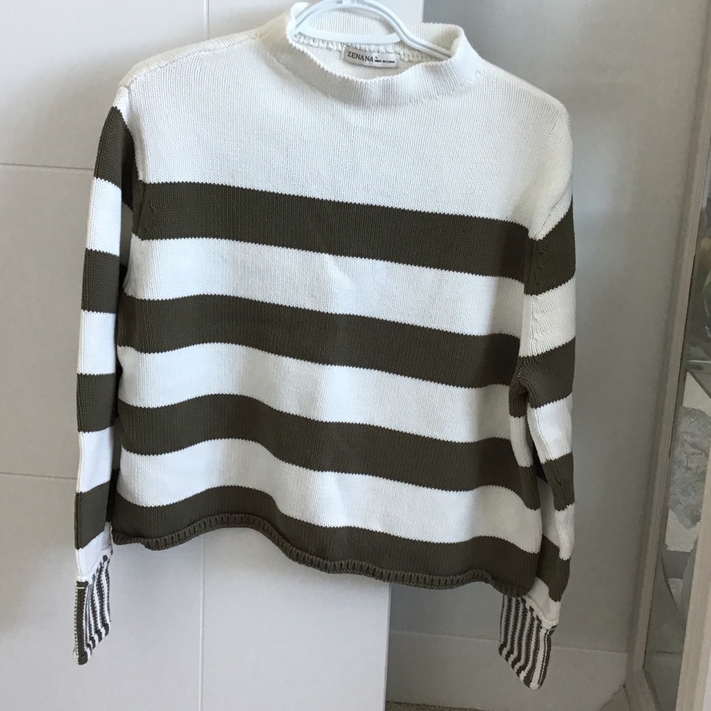 Zenana  Olive and White Striped Sweater